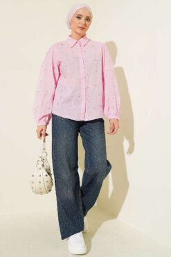 Vista alternativa di Leaf Embroidered Pearled Shirt Pink