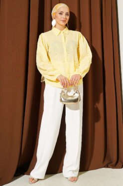 Vista alternativa di Leaf Embroidered Pearled Shirt Yellow