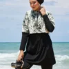 Half-Zip Palm Pattern Modest Swimwear Khaki – Image 2