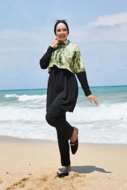 Half-Zip Palm Pattern Modest Swimwear Green