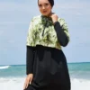 Half-Zip Palm Pattern Modest Swimwear Green - Image 2