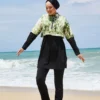 Half-Zip Palm Pattern Modest Swimwear Green - Image 4