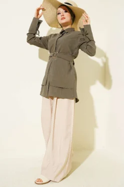 Alternatieve weergave van Half Hidden Buttoned Tied Tunic Khaki