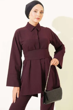 Alternative view of Half Hidden Buttoned Belted Two-Piece Set Plum