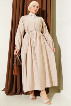 Half Brit Buttoned Ribbed Dress Beige