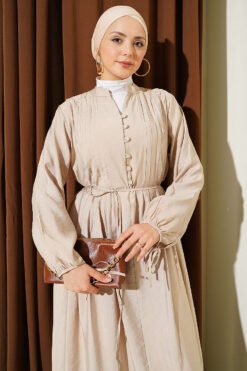 Vista alternativa de Half Brit Buttoned Ribbed Dress Beige