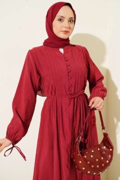 Alternatieve weergave van Half Brit Buttoned Ribbed Dress Burgundy