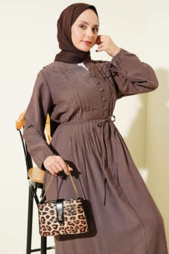 Half Brit Buttoned Ribbed Dress Brown