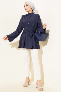 Vista alternativa di Half Button Self-Belted Tunic Navy Blue