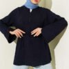 Half Button Sequin Striped Stitch Tunic Navy Blue