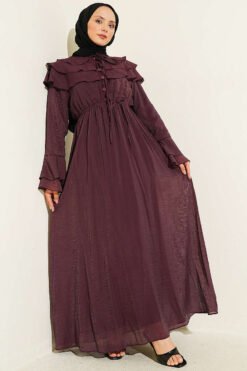 Half Button Ruffled Dress Plum