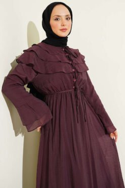 Vista alternativa di Half Button Ruffled Dress Plum