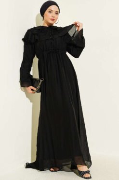 Half Button Ruffled Dress Black
