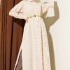Half Buttoned Side Slit Striped Long Shirt Beige