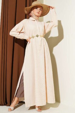 Half Buttoned Side Slit Striped Long Shirt Beige