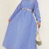 Half Buttoned Side Slit Striped Long Shirt Navy Blue