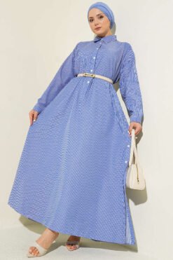 Half Buttoned Side Slit Striped Long Shirt Navy Blue