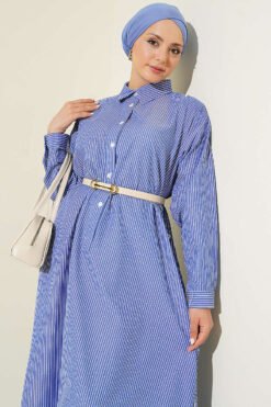 Vue alternative de Half Buttoned Side Slit Striped Long Shirt Navy Blue