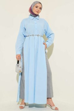 Half Button Side Slit Long Shirt Baby Blue