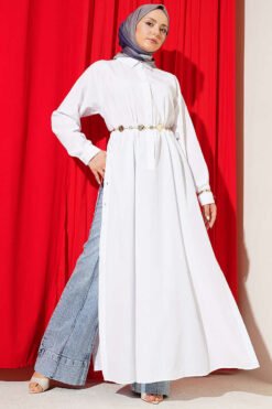 Half Button Side Slit Long Shirt White