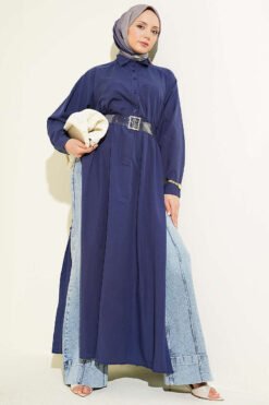 Half Button Side Slit Long Shirt Navy Blue