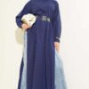 Half Button Side Slit Long Shirt Navy Blue