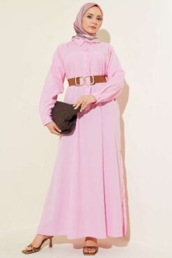 Half Button Side Slit Long Shirt Pink