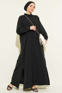 Half Button Side Slit Long Shirt Black