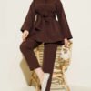 Half Hidden Buttoned Belted Two-Piece Set Brown