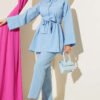 Half Hidden Buttoned Belted Two-Piece Set Blue