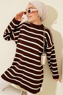 Striped Detail Basic Knit Tunic Brown