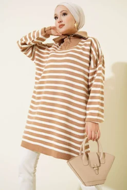 Horizontal Striped Half-Zip Knit Tunic