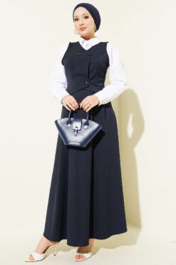 Vest-Style Buttoned Dress Navy Blue