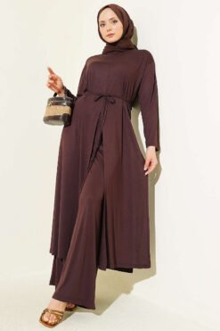 Long Tunic Set with Split Detail and Belted Cord Brown