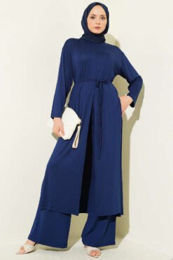 Long Tunic Set with Split Detail and Belted Cord Navy Blue
