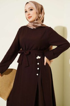 Alternative view of Long Tunic Set with Slit and Floral Accessory Brown