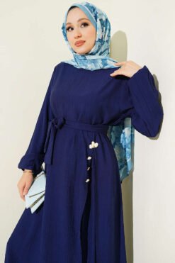 Alternative view of Long Tunic Set with Slit and Floral Accessory Navy Blue