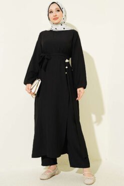 Long Tunic Set with Slit and Floral Accessory Black
