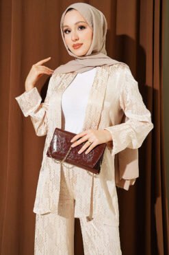 Vue alternative de Directional Pattern Shawl Collar Jacquard Two-Piece Set Beige