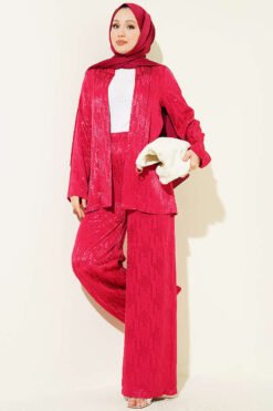 Directional Pattern Shawl Collar Jacquard Two-Piece Set Burgundy