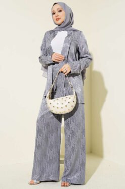 منظر بديل لـ Directional Pattern Shawl Collar Jacquard Two-Piece Set Grey