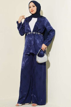 Directional Pattern Shawl Collar Jacquard Two-Piece Set Navy Blue