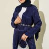 Directional Pattern Shawl Collar Jacquard Two-Piece Set Navy Blue wholesale clothing set view 2 - Hicabistan Turkey factory