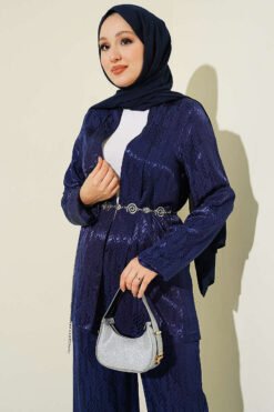 منظر بديل لـ Directional Pattern Shawl Collar Jacquard Two-Piece Set Navy Blue