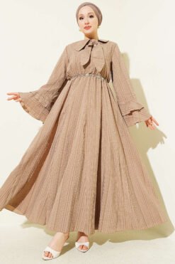Ruffled Cuff Pleated Dress with Chain Belt Beige