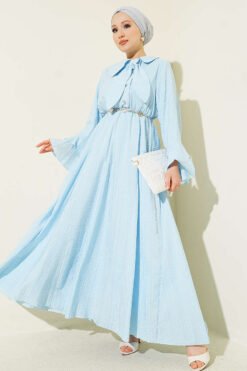 Ruffled Cuff Pleated Dress with Chain Belt