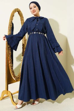 Ruffled Cuff Pleated Dress with Chain Belt Navy Blue