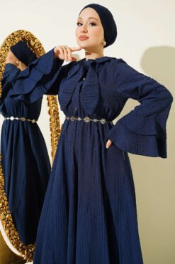 Vista alternativa de Ruffled Cuff Pleated Dress with Chain Belt Navy Blue