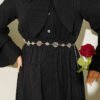 ⁦Ruffled Cuff Pleated Dress with Chain Belt Black⁩ - الصورة ⁦4⁩
