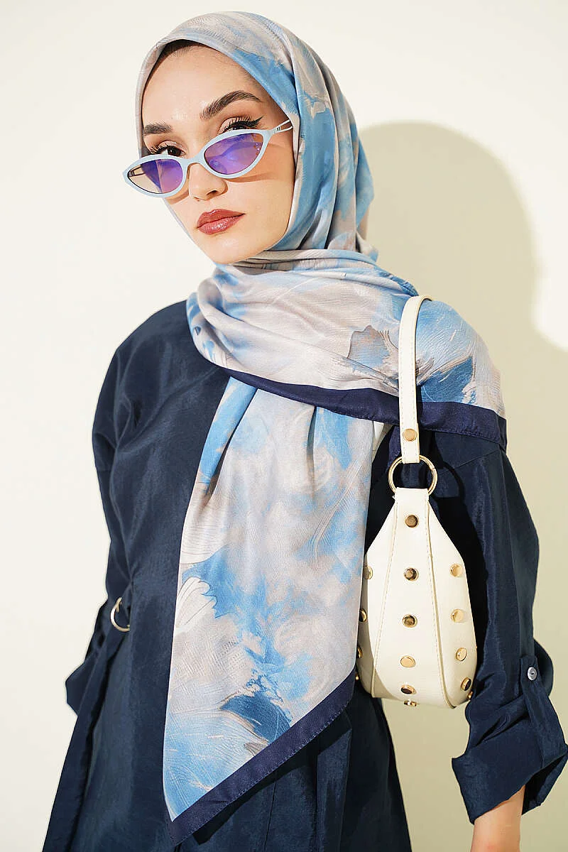 120 cm Pastel Floral Scarf Navy Blue